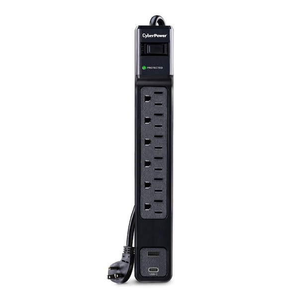 6-Outlet Surge Protector with USB-A and USB-C, 4 ft. Cord, 1800 Joules, Black