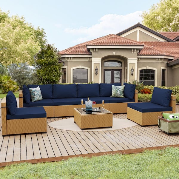 UPHA Yellow 7-Piece Wicker Patio Conversation Seating Set with Navy Blue Cushions