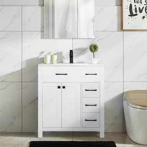 30 in. W x 19 in. D x 34 in. H 1-Sink Freestanding Bath Vanity in White with White Ceramic Top and Drain Faucet Set