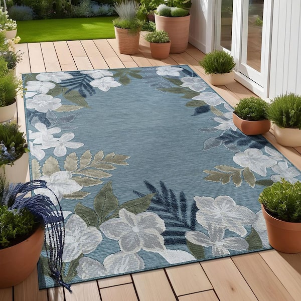 Eden 10 ft. x 14 ft. Aqua  Washable Border Floral Indoor Outdoor Area Rug