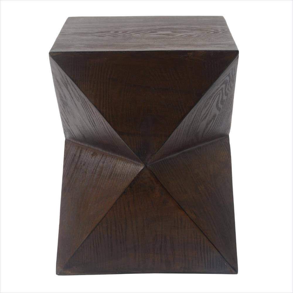 Front view of the dark wood hourglass side table.