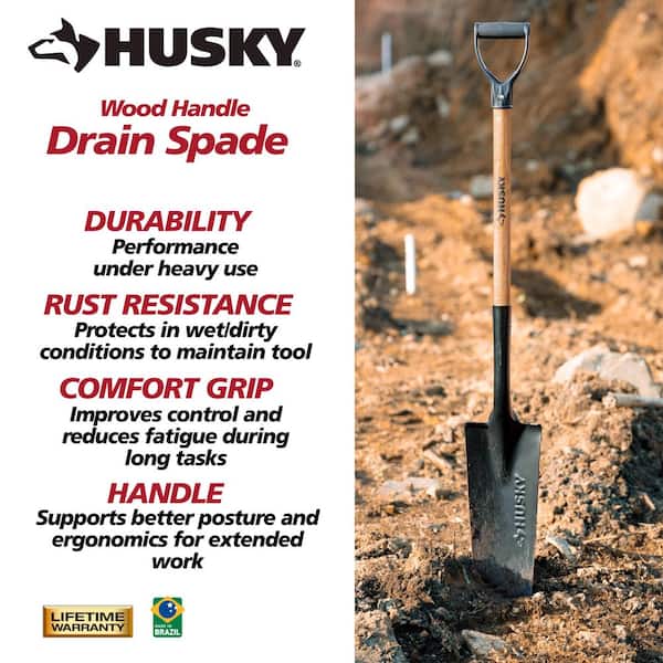 Husky 28 in. Wood Handle D-Grip Carbon Steel Drain Spade 77444-944