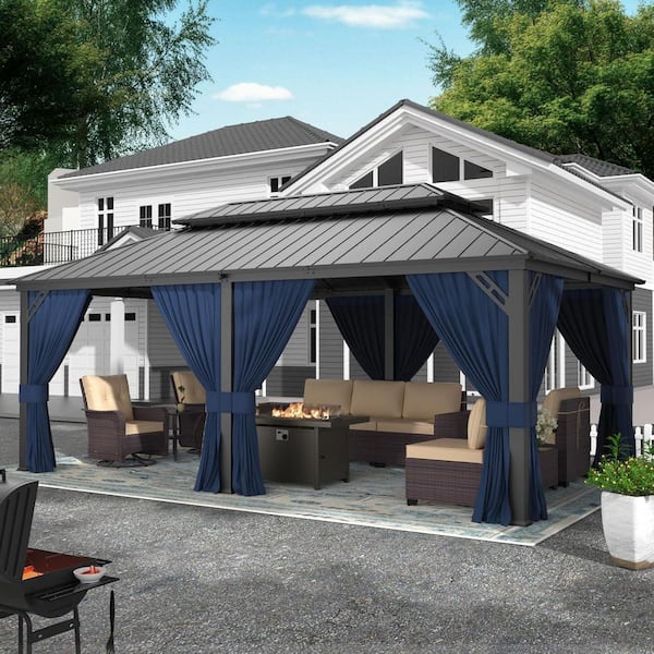 Halmuz 20 ft. x 12 ft. Gray Metal Hardtop Gazebo with Double Roof Pergola, Netting and Curtain Navy