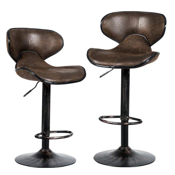 FORCLOVER 42.5 in. Adjustable Brown Leather Swivel Low-Back Metal Bar Stools with Footrest (Set of 2)