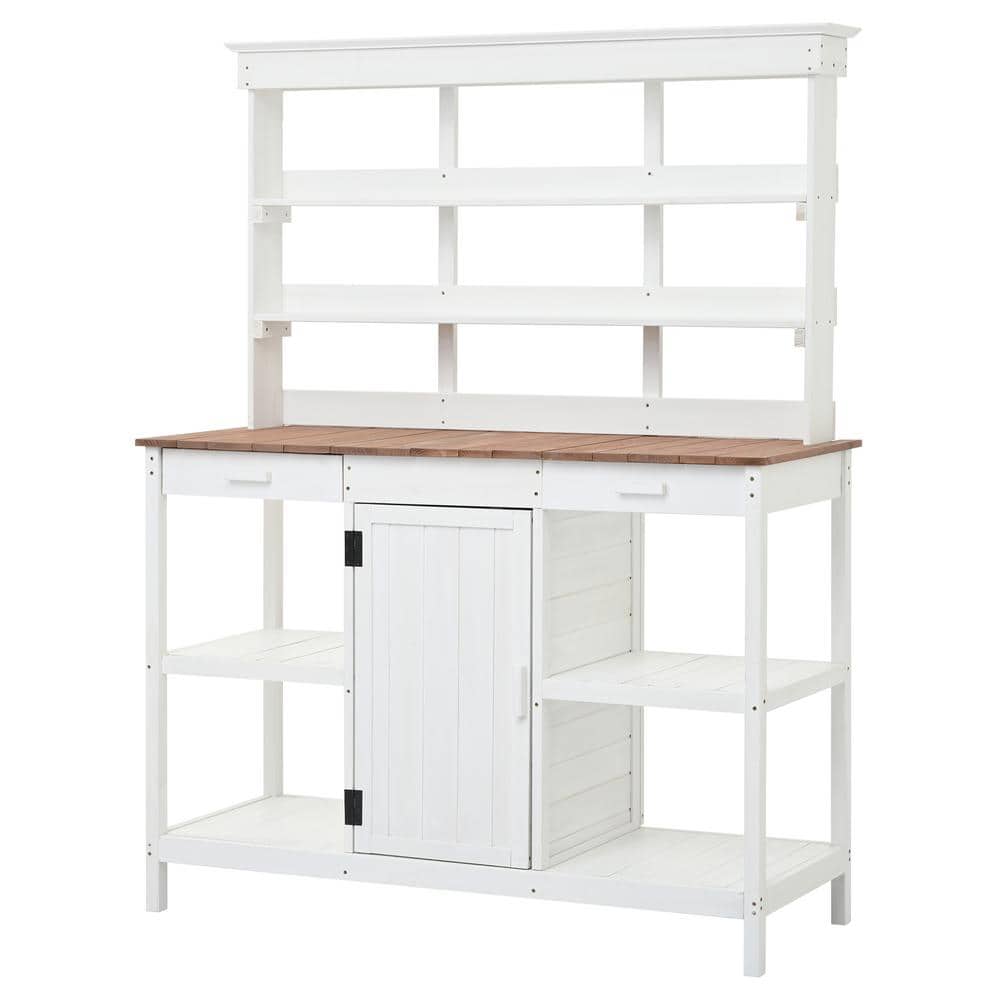 19.7 in. W x 66 in. H White Outdoor Farmhouse Wooden Potting Bench Table, G