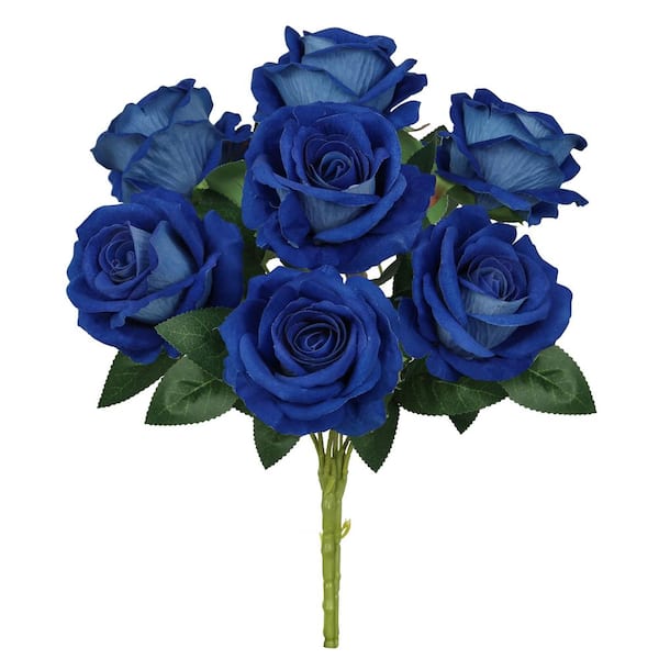 16 in. Royal Blue Artificial Velvet Rose Flower Stem Bush Bouquet (Set of 2)