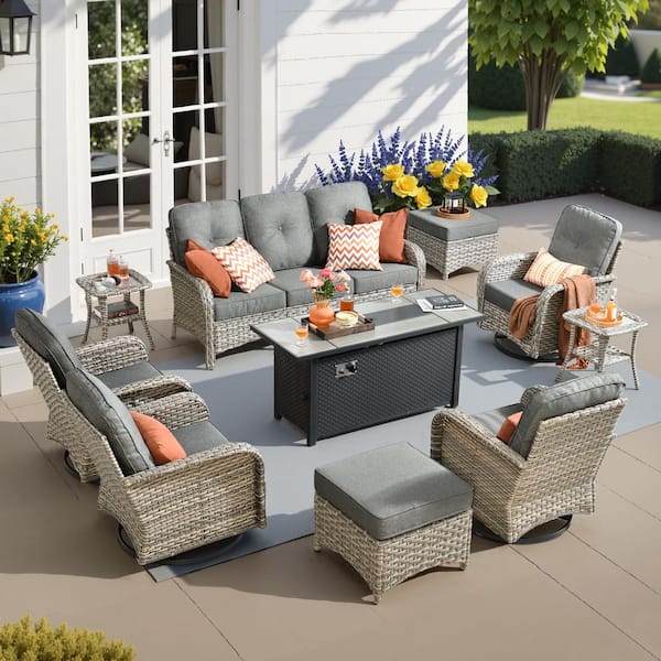Ruby 10-Piece Wicker Outdoor Fire Pit Furniture Patio Conversation Sofa Set with Swivel Chairs and Dark Grey Cushions