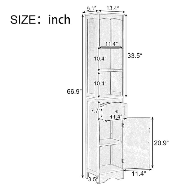 Lordear 13.4 in. W x 9.1 in. D x 66.9 in. H White Linen Cabinet Freestanding Tall Narrow Storage Cabinet with Adjustable Shelves