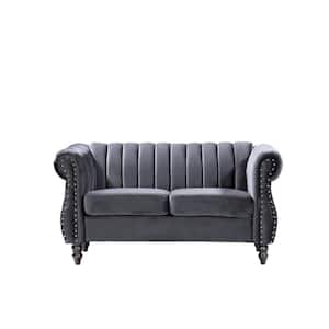 Louis 59 in. Gray Channel Tufted Velvet 2-Seats Loveseat with Nailhead Trim