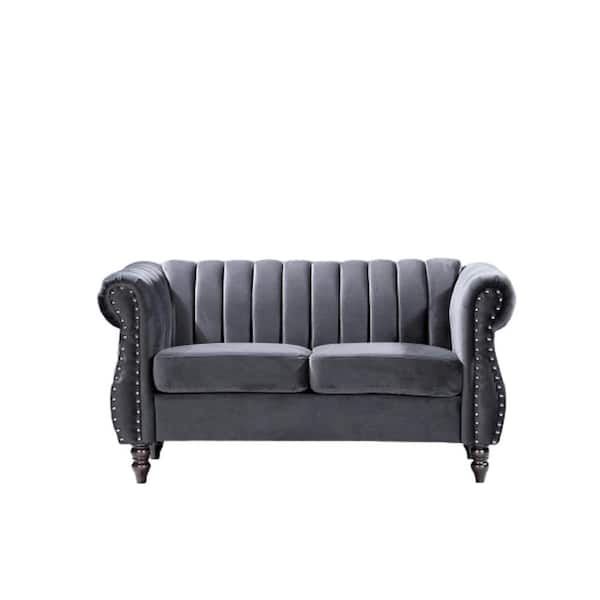 US Pride Furniture Louis 59.1 in. Grey Channel Tufted Velvet 2Seater Loveseat with Nailheads