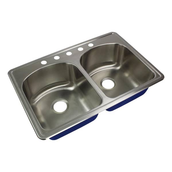 Transolid Meridian Drop-In Stainless Steel 33 in. 5-Hole 50/50 Double Bowl Kitchen Sink in Brushed Stainless Steel