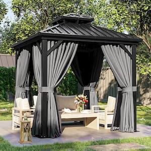 8 ft. x 8 ft. Outdoor Metal Hardtop Gazebo with Aluminum Frame, Double Roof, Netting and Curtain for Patio Backyard