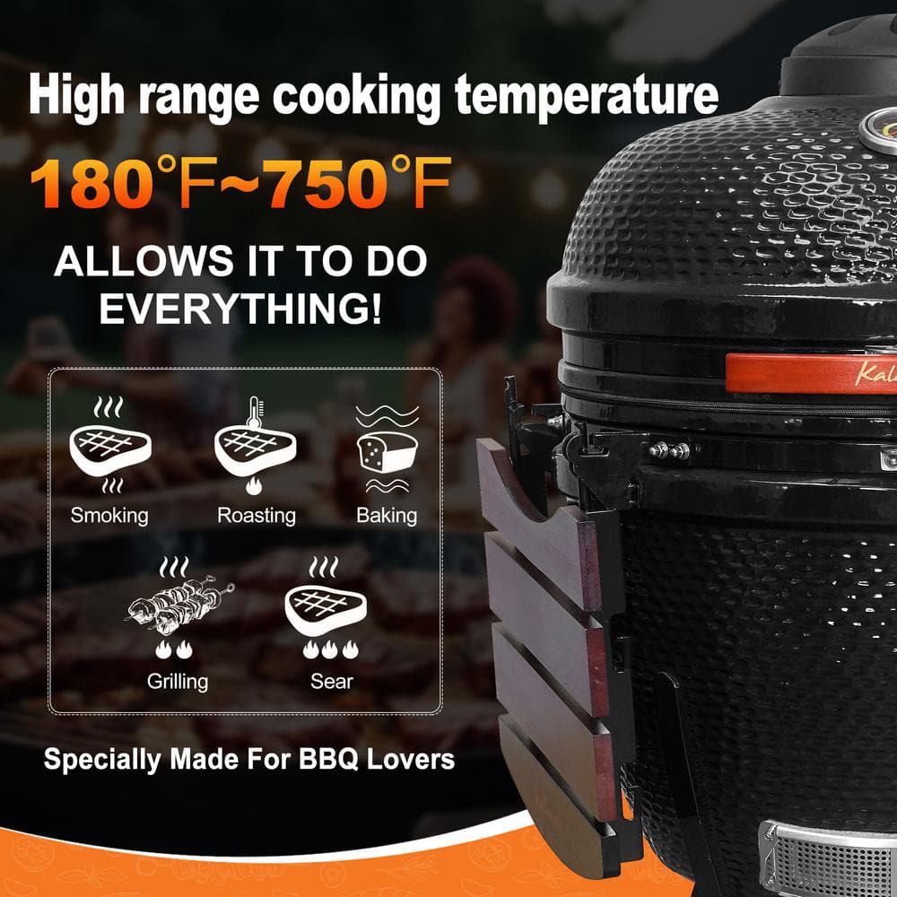 Kalamera 24'' Black Ceramic Kamado Charcoal Grill with Cart