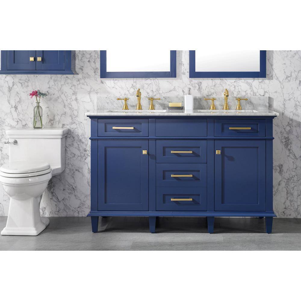 54 in. Navy Blue Double Sink Vanity with Carrara White Marble Top