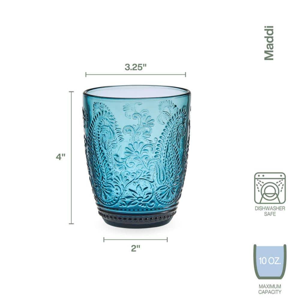 Maddi Indigo Blue Floral Etched Glass Set, 10 oz, Dishwasher Safe