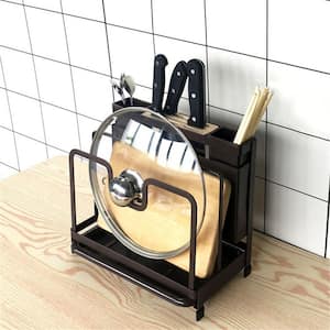 Black Freestanding Pot Rack Storage, with Drip Tray Cutting Board Tableware Cutlery Rack Flatware Caddy Pot Cover Lid