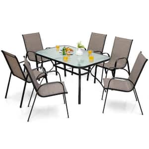 7-Piece Metal Patio Outdoor Dining Set with 6 Stackable Chairs, Tempered Glass Table with 1.5 in. Umbrella Hole