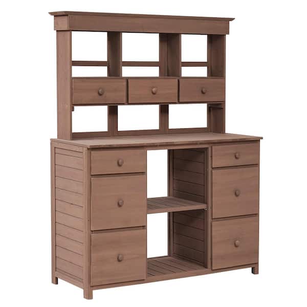Zeus & Ruta 50.1 in. W x 65.7 in. H Brown Garden Potting Bench Table, with Multiple Drawers and Shelves for Backyard, Patio