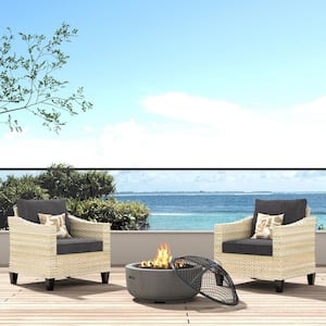 Oconee Beige 3-Piece Wood Fire Pit Seating Set with Black and Cushions Outdoor Patio Lounge Chair a Burning