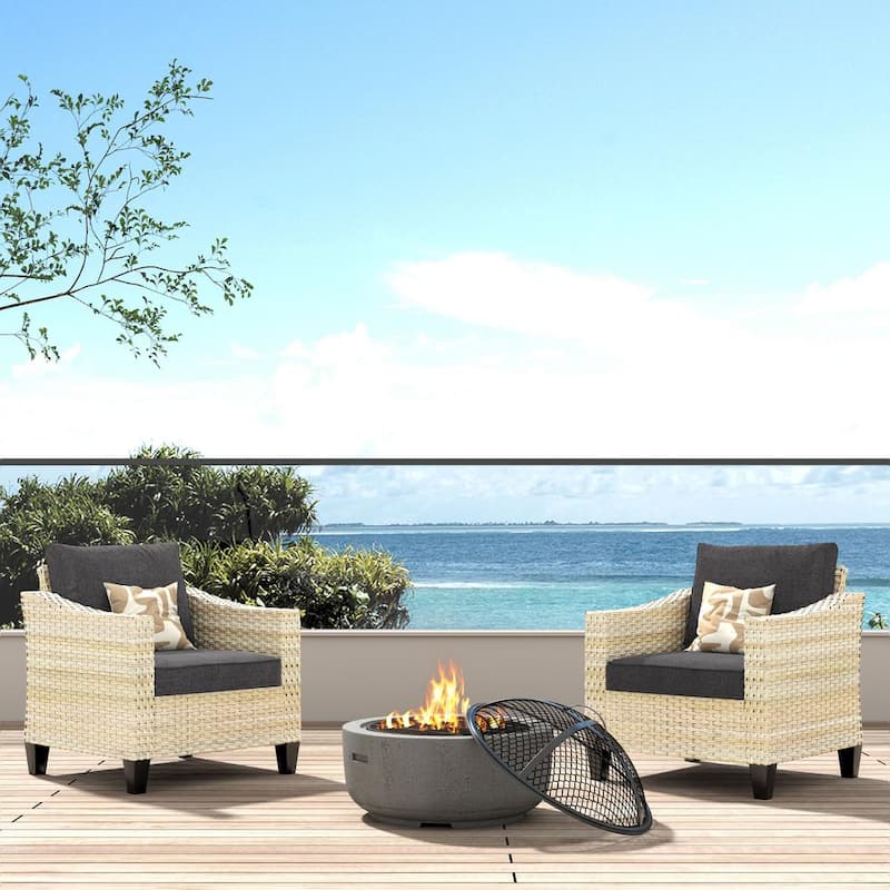 Oconee Beige 3-Piece Wood Fire Pit Seating Set with Black and Cushions Outdoor Patio Lounge Chair a Burning