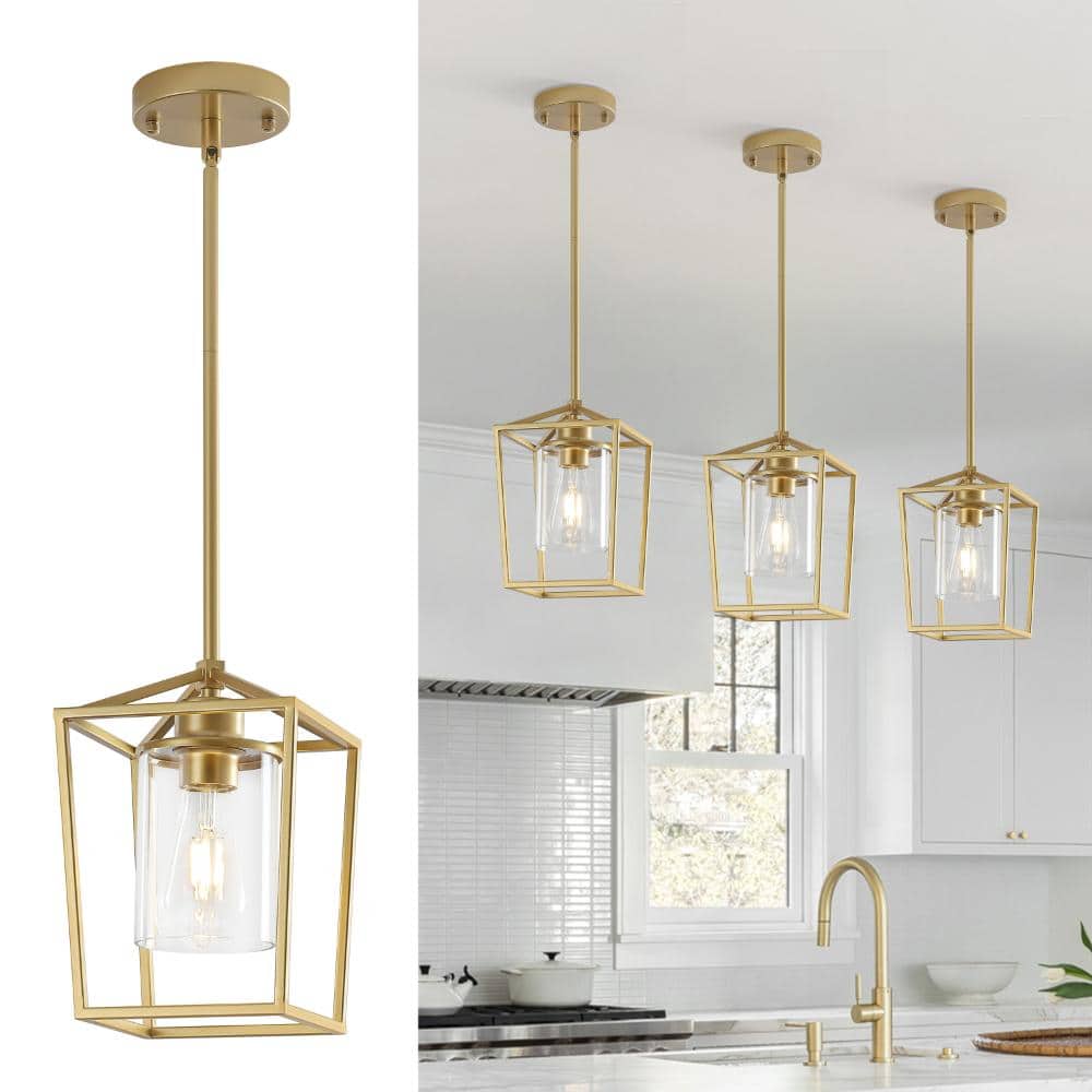 PAKOKULA 6 in. 1-Light Gold Farmhouse Cage Lantern Pendant with