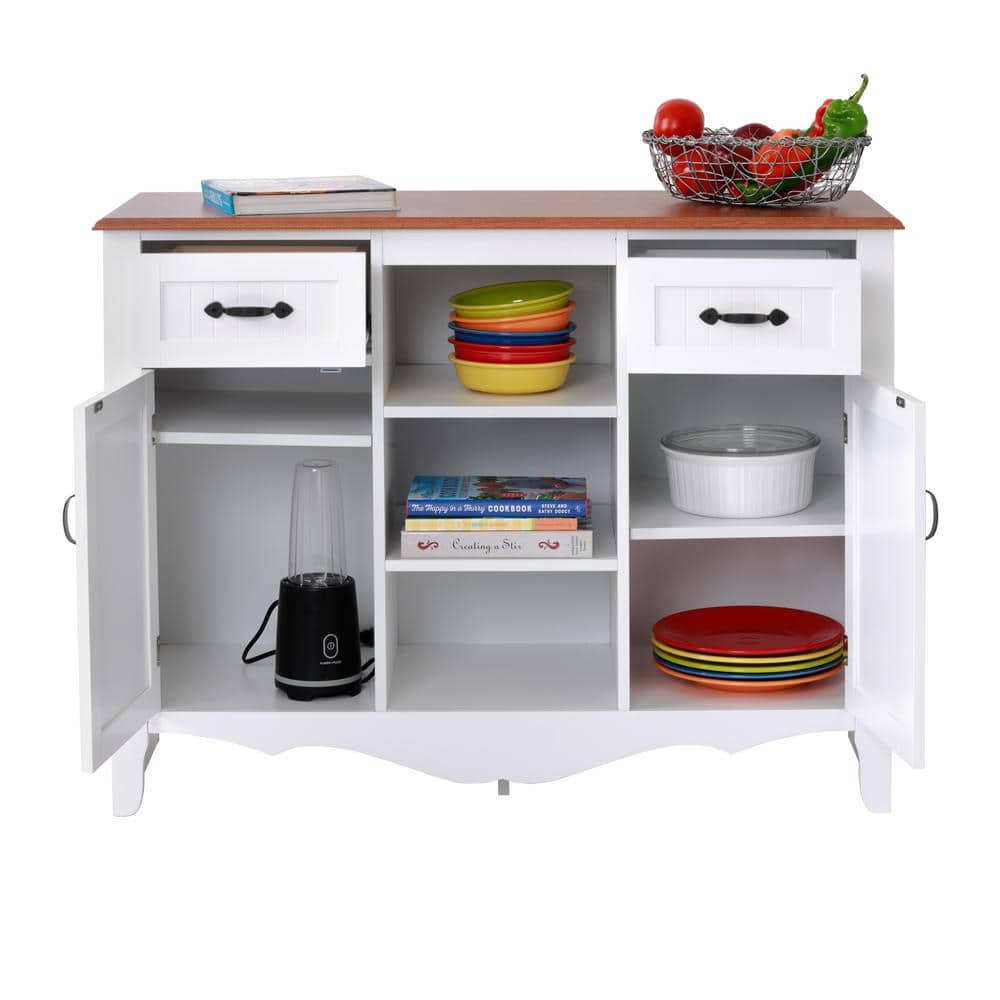 White and Pine Countryside Buffet with Drawers and Doors