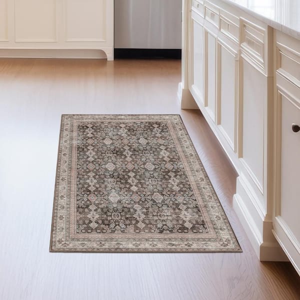 Verdelle Taupe Brown 3 ft. x 5 ft. Floral Medallion Machine Washable Non-Slip Area Rug