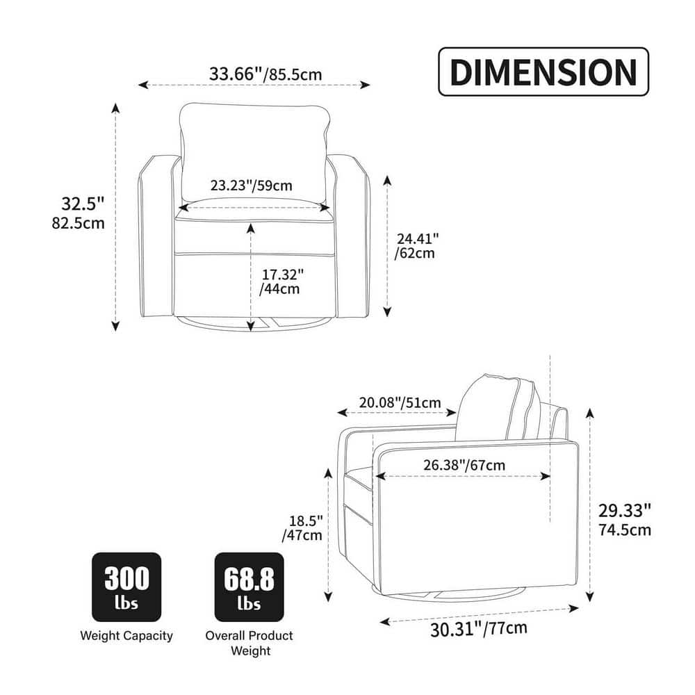 Dimensional diagram and weight specifications for the armchair.