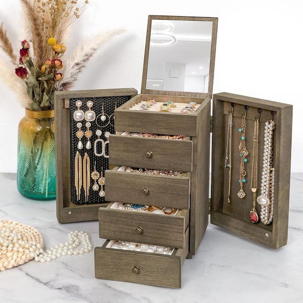 Black 8.3 in. x 10.6 in. Wood Jewelry Organizer Box with Mirror