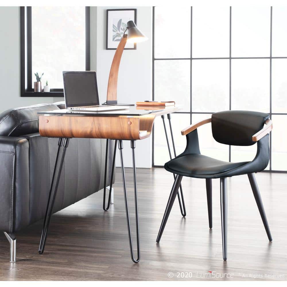 High-Back Oracle Side Chair in Black Faux Leather and Walnut