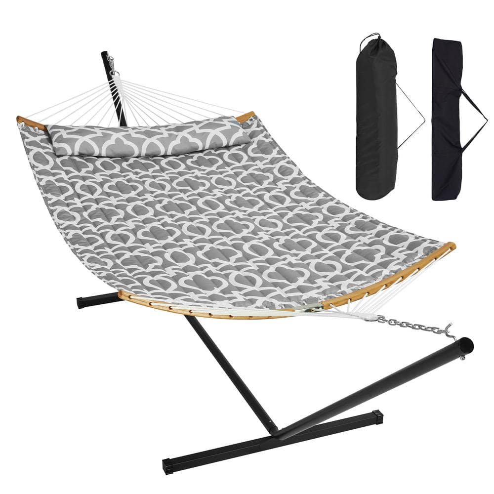 Gray Double Quilted Fabric Hammock with Stand and Pillow