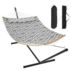 2 Person 12.3 ft Hammock with Stand Included Double Hammock with Curved Spreader Bar and Detachable Pillow