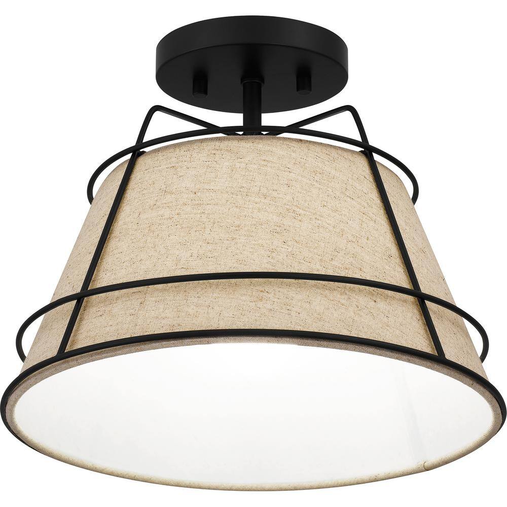 Matte Black and Linen Drum Semi-Flush Mount Light