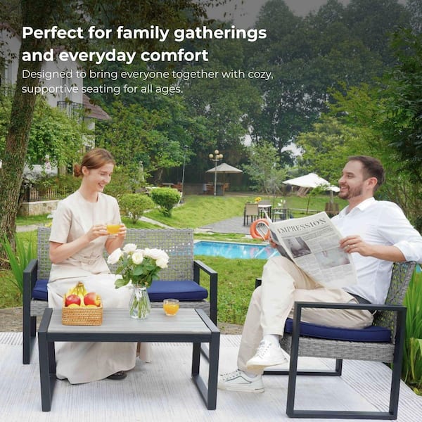 4-Piece Wicker Patio Conversation Seating Set with Blue Cushions