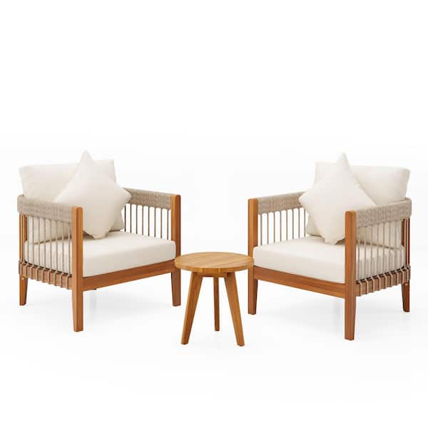 3 Pieces Wood Outdoor Lounge Chair with Beige Cushions and Round Table