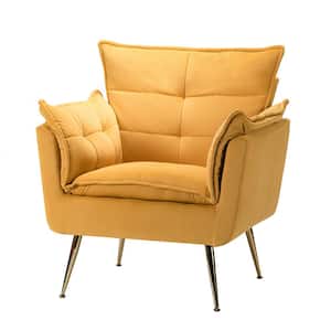 MδContemporary Classic Velvet Accent Mustard Armchair Tufted Padded Cushion and Gold Metal Legs for Living Room Bedroom