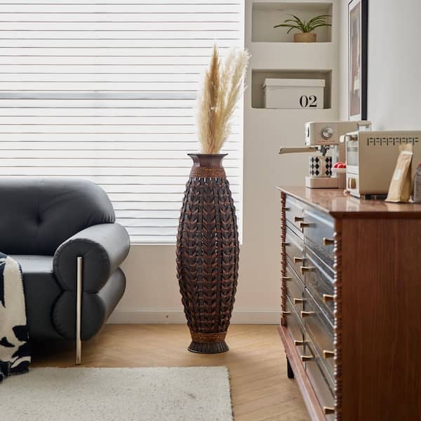 39 in. Tulip Wicker Woven Floor Vase, PVC Dark Brown Decor Vase for Living Room, Foyer, Corridor Silk Flower Arrangement