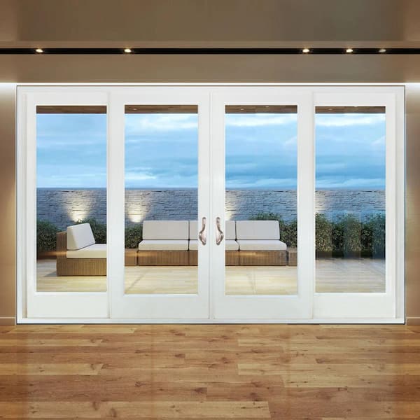 144 in. x 96 in. White SPLS Bi-Parting Fiberglass Full Lite LoE Glass Sliding Patio Door