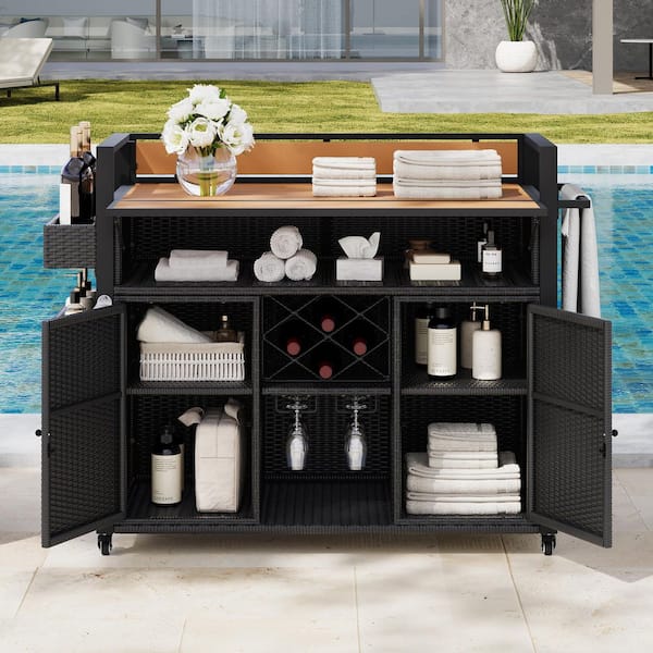 Black Outdoor Wicker Grill Cart with Extended Tabletop, Rolling Kitchen Island on Wheels with Storage Cabinet