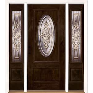 63.5 in.x81.625in.Silverdale Brass 3/4 Oval Lt Stained Chestnut Mahogany Rt-Hd Fiberglass Prehung Front Door w/Sidelite
