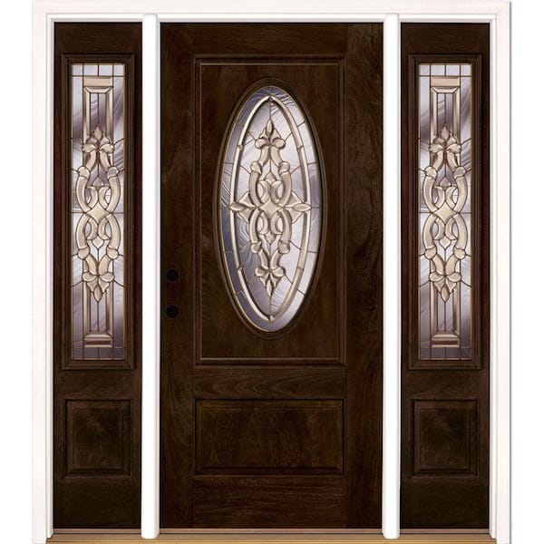 Feather River Doors 63.5 in.x81.625in.Silverdale Brass 3/4 Oval Lt Stained Chestnut Mahogany Rt-Hd Fiberglass Prehung Front Door w/Sidelite
