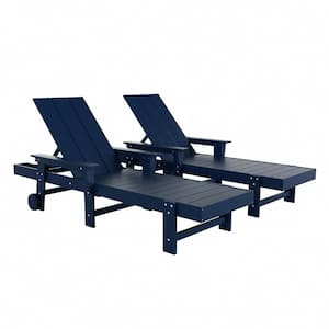Shoreside 2Piece Navy Blue Fade Proof Plastic Portable Poly Reclining Outdoor Patio Chaise Lounge Armchairs with Wheels