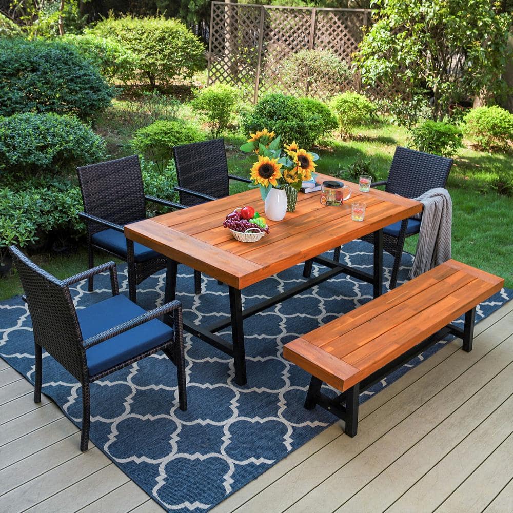 Merax 6-Piece Rope Patio Furniture Set, Outdoor Furniture With Acacia Wood Cool Bar Table With Ice Bucket, Deep Seat Patio Conversation Set With Two