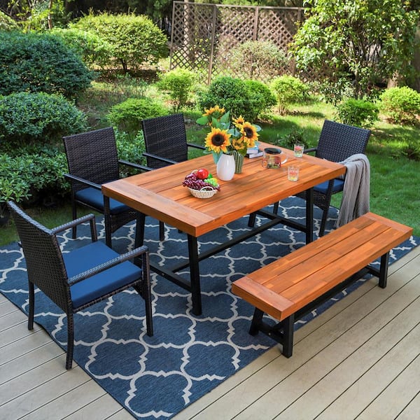 PHI VILLA Black 6-Piece Metal Patio Acacia Wood Outdoor Dining Set with Rectangular Table, 4 Rattan Chairs and Long Bench