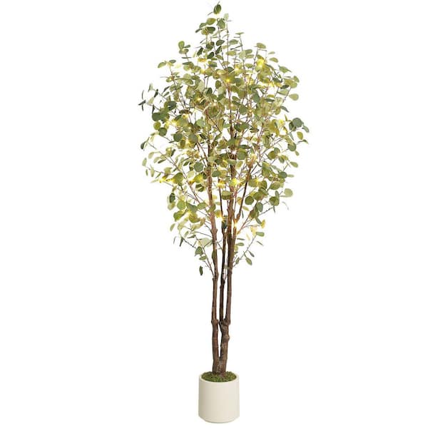 Unbranded 7 ft. Fake Artificial Plant, Artificial Eucalyptus Tree in White Pot, Large Faux Floor Plant with 50-Lights Home Decor