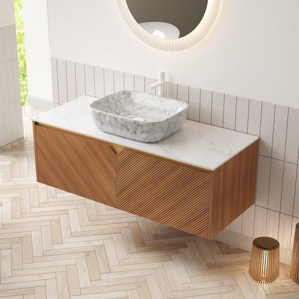 48.03 in. Single Sink Floating Oak-Finish Bath Vanity with White Sintered Stone Top and Stone-Gray Sink