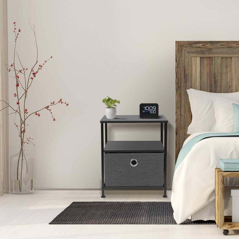Black Steel Frame Nightstand with Wood Top and Fabric Drawer