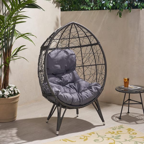 Unbranded Abstract Mesh Design Gray Teardrop-Shaped Wicker Outdoor Egg Lounge Chair with Gray Cushion for Porch, Balcony, Deck