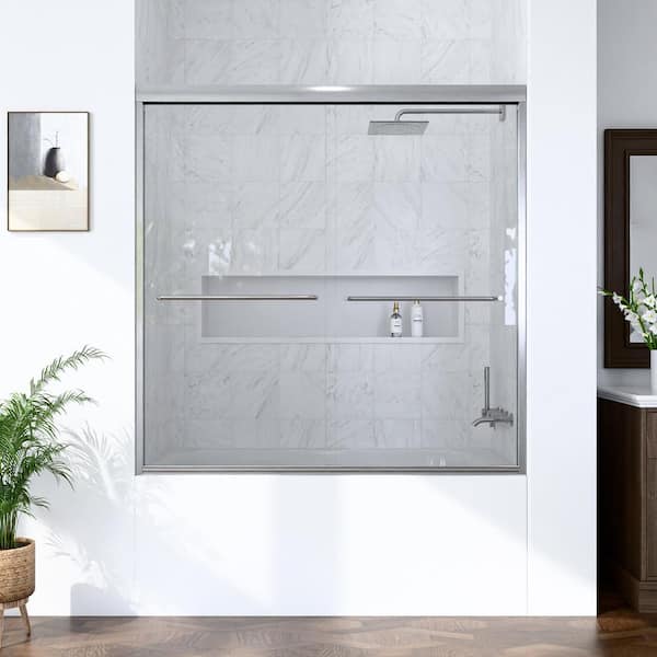 60 in. W x 60 in. H Semi-Frameless Double Sliding Shower Tub Door in Brushed Nickel with Tempered Clear Glass