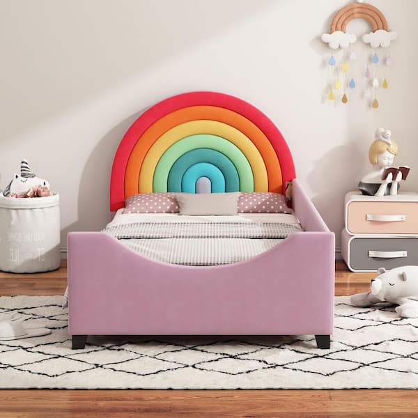 Pink Twin Rainbow Upholstered Daybed with Colorful Headboard